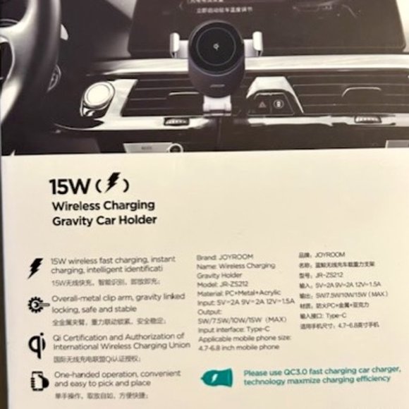 JOYROOM 15W WIRELESS CHARGING GRAVITY CAR HOLDER W/ VENT CLIP - Picture 2 of 4